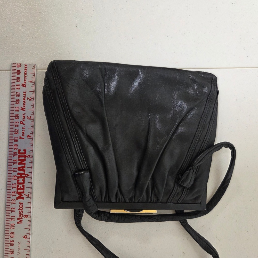 Vintage Black Leather Ruched Frame Handbag Gold Tone Clasp Retro Evening Bag - Picture 3 of 5